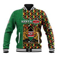 Unisex baseball jacket, green sleeves with Kente geometric pattern and Kenya crest front