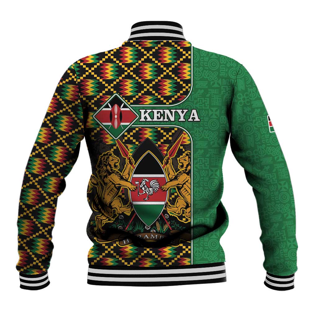 Unisex baseball jacket with Kenya wordmark and crest, ribbed striped collar and hem