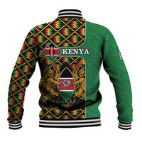 Unisex baseball jacket with Kenya wordmark and crest, ribbed striped collar and hem