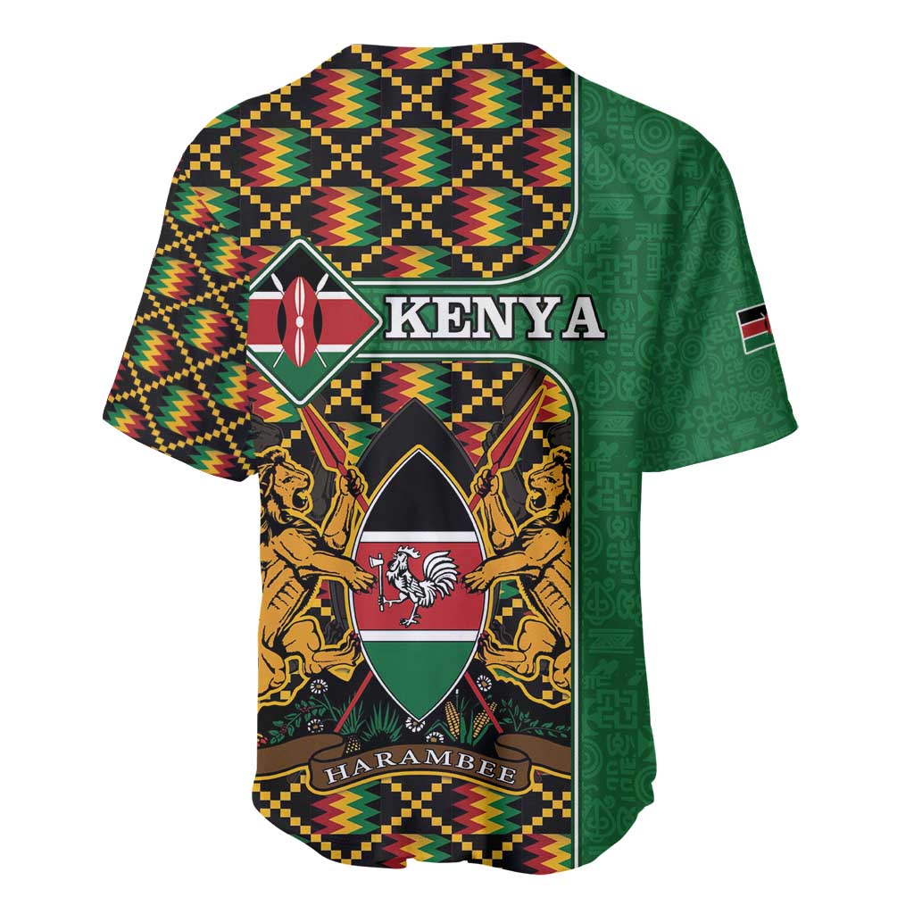 Green baseball jersey with Kenya crest and kente diamond pattern, back view