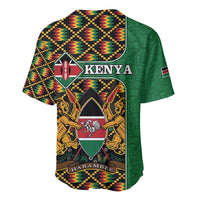 Green baseball jersey with Kenya crest and kente diamond pattern, back view
