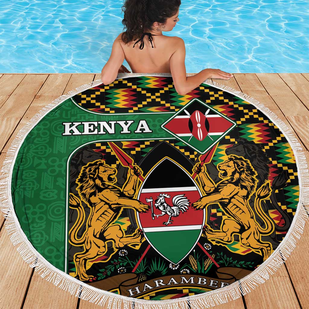 Round beach blanket with Kenya text, lion coat of arms, multicolor kente design, fringe