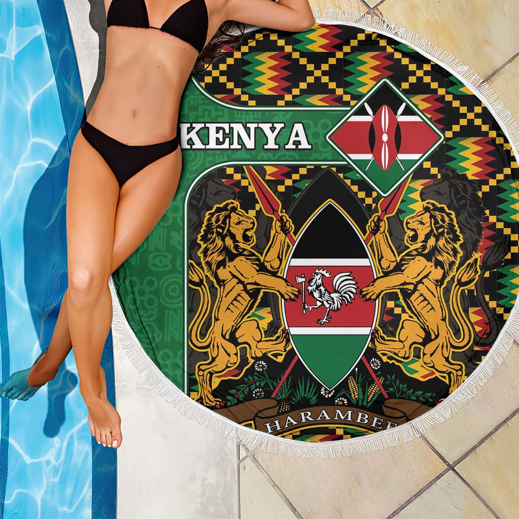Round green Kenya beach blanket partially over pool, coat of arms shield, kente border, fringe