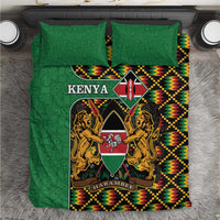 Green Kenya coat of arms bedding set with kente zigzag pattern and matching pillowcases.