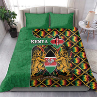 Green Kenya bedding set with coat of arms centerpiece, kente zigzag border, two pillowcases.