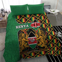 Green bedding set with Kenya coat of arms crest and multicolor kente zigzag accents, two pillows.