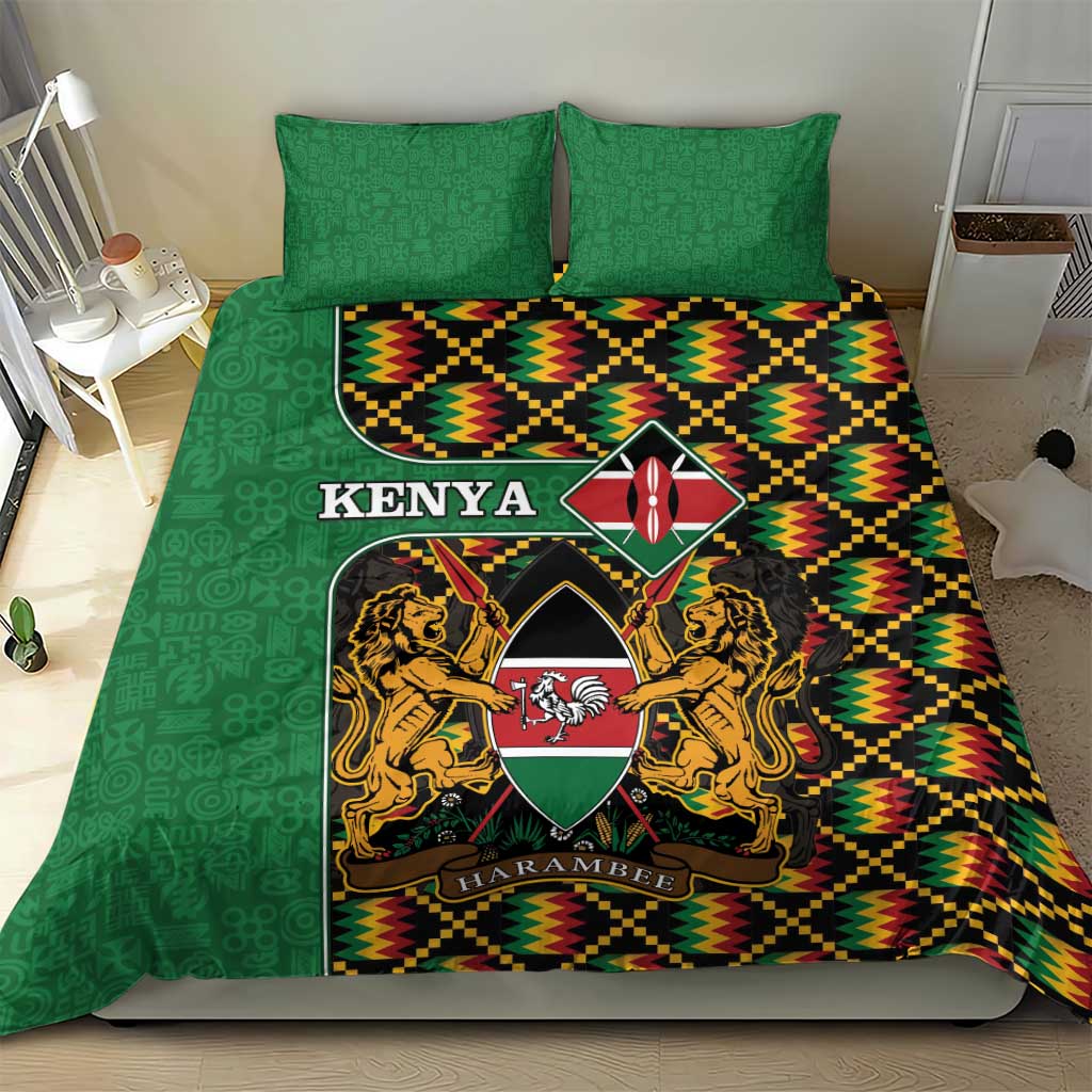 Green Kenya bedding set with coat of arms crest, multicolor kente zigzag bands, two pillowcases.