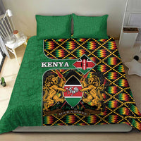 Green Kenya bedding set with coat of arms crest, multicolor kente zigzag bands, two pillowcases.