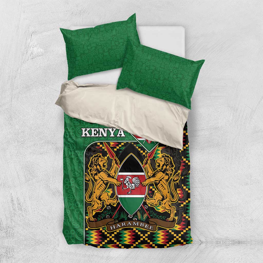 Green and multicolor bedding set with Kenya coat of arms crest and two matching pillowcases.
