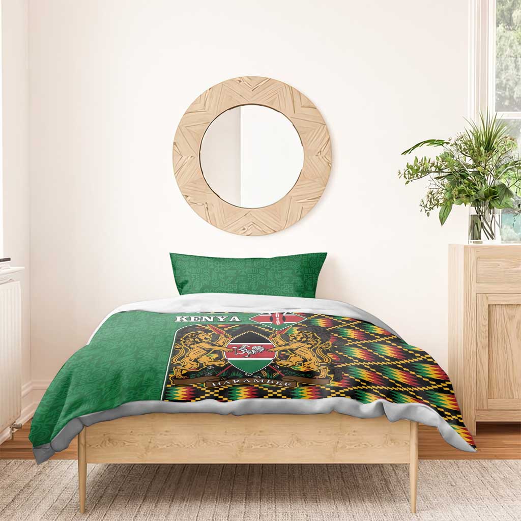 Green Kenya bedding set with coat of arms crest and kente zigzag trim, duvet and pillow.