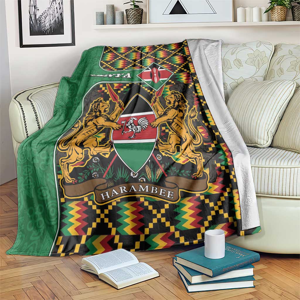Kenya-themed green throw blanket with coat of arms, lions, shield, and multicolor border