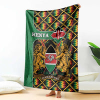 Kenya coat-of-arms wall-throw blanket in green with lions, shield crest, and geometric trim