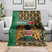 Kenya-themed green blanket with coat of arms, lions, shield crest, and zigzag border