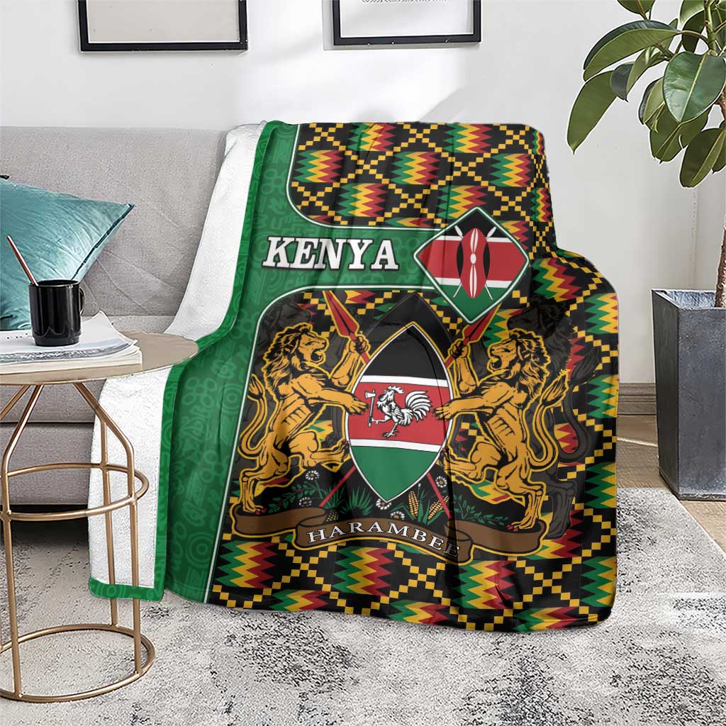 Green Kenya coat-of-arms throw blanket with lions, shield, HARAMBEE text, and geometric pattern