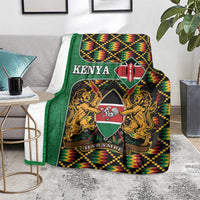 Green Kenya coat-of-arms throw blanket with lions, shield, HARAMBEE text, and geometric pattern