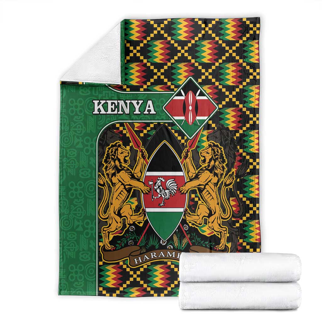 Kenya coat-of-arms blanket with lions, shield crest, and multicolor geometric pattern