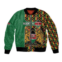 Unisex green bomber jacket with colorful Kente crest graphic and ribbed trim