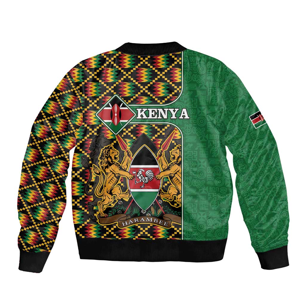 Unisex green bomber jacket with black, yellow, red Kente back crest and ribbed hem