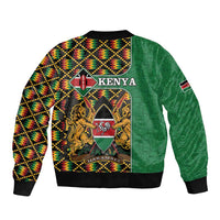 Unisex green bomber jacket with black, yellow, red Kente back crest and ribbed hem