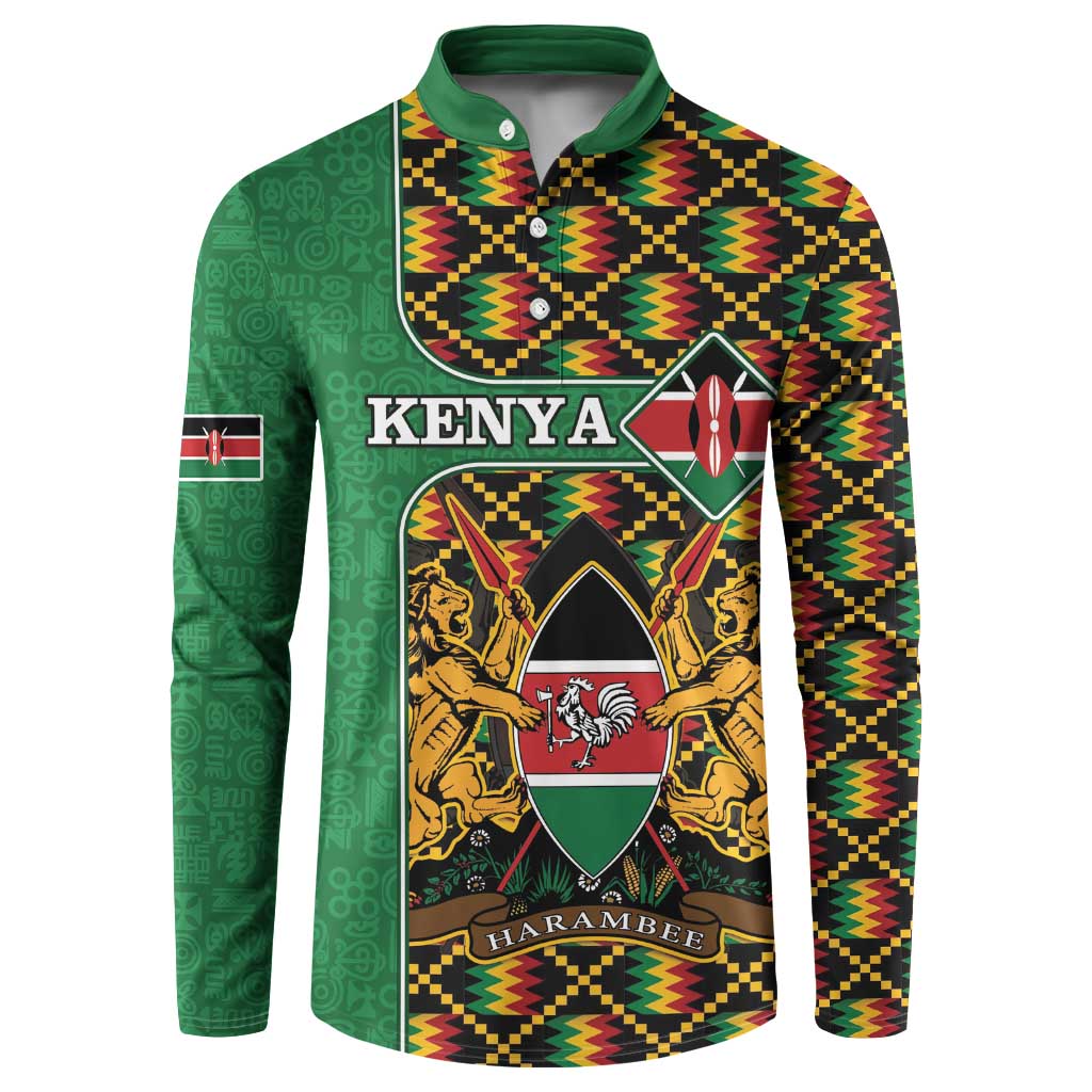 Green button sweatshirt with Kenya crest, kente zigzag panels, and long sleeves.