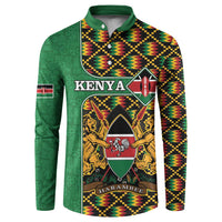 Green button sweatshirt with Kenya crest, kente zigzag panels, and long sleeves.