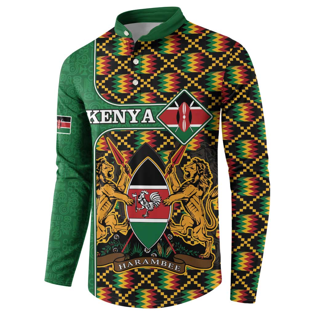 Green button sweatshirt with Kenya crest graphic and colorful kente zigzag sleeves.
