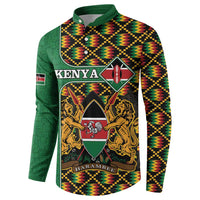 Green button sweatshirt with Kenya crest graphic and colorful kente zigzag sleeves.