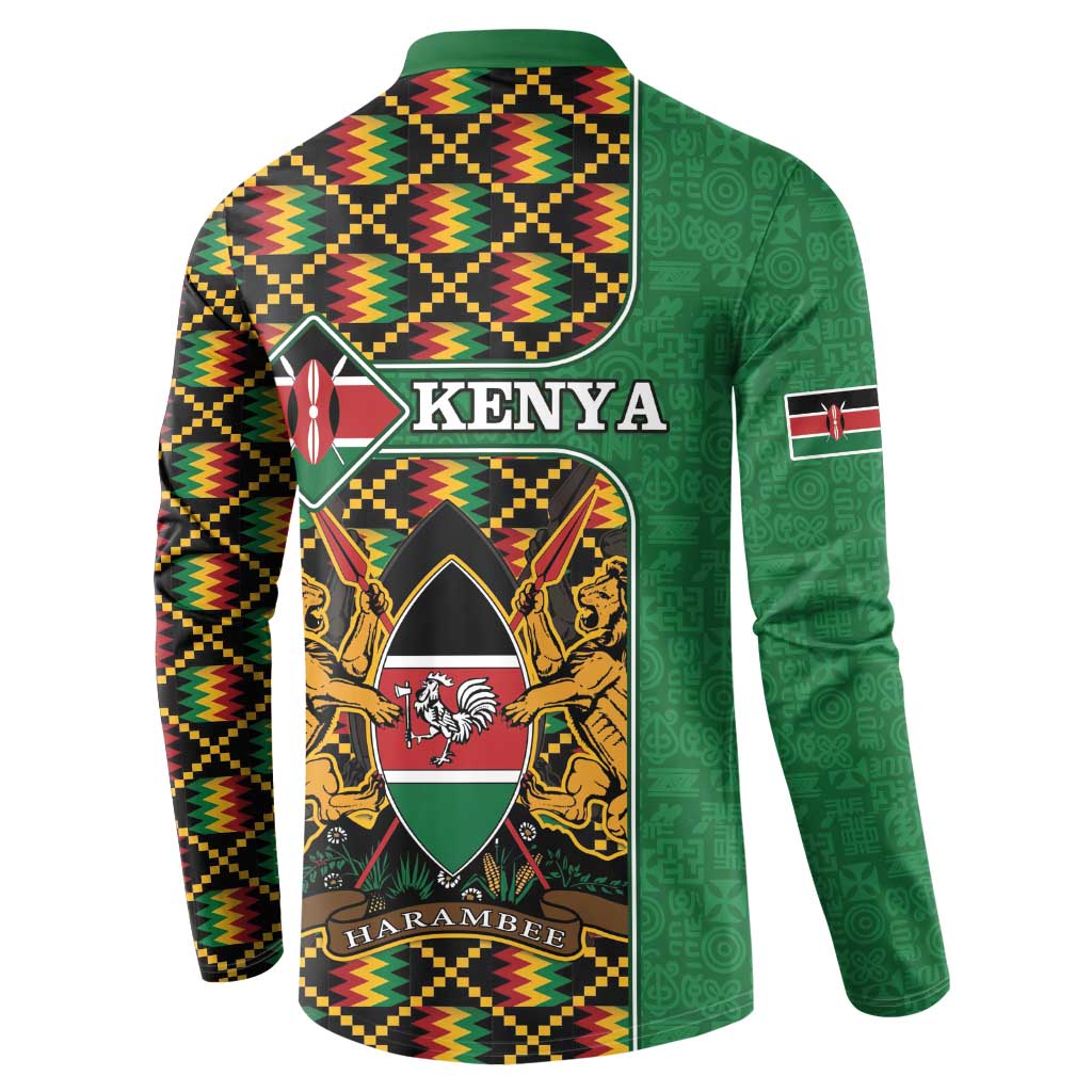 Green button sweatshirt back with Kenya crest and kente zigzag stripe pattern.