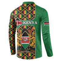 Green button sweatshirt back with Kenya crest and kente zigzag stripe pattern.