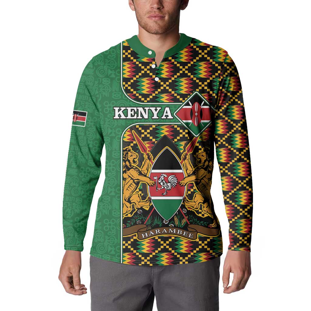 Green button sweatshirt with Kenya crest, gold lion figures, and kente trim.