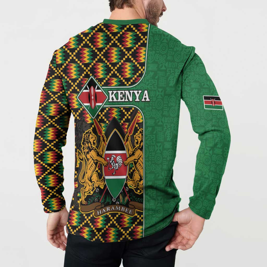 Green button sweatshirt back with Kenya crest, flag patch, and kente zigzag pattern.
