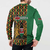 Green button sweatshirt back with Kenya crest, flag patch, and kente zigzag pattern.