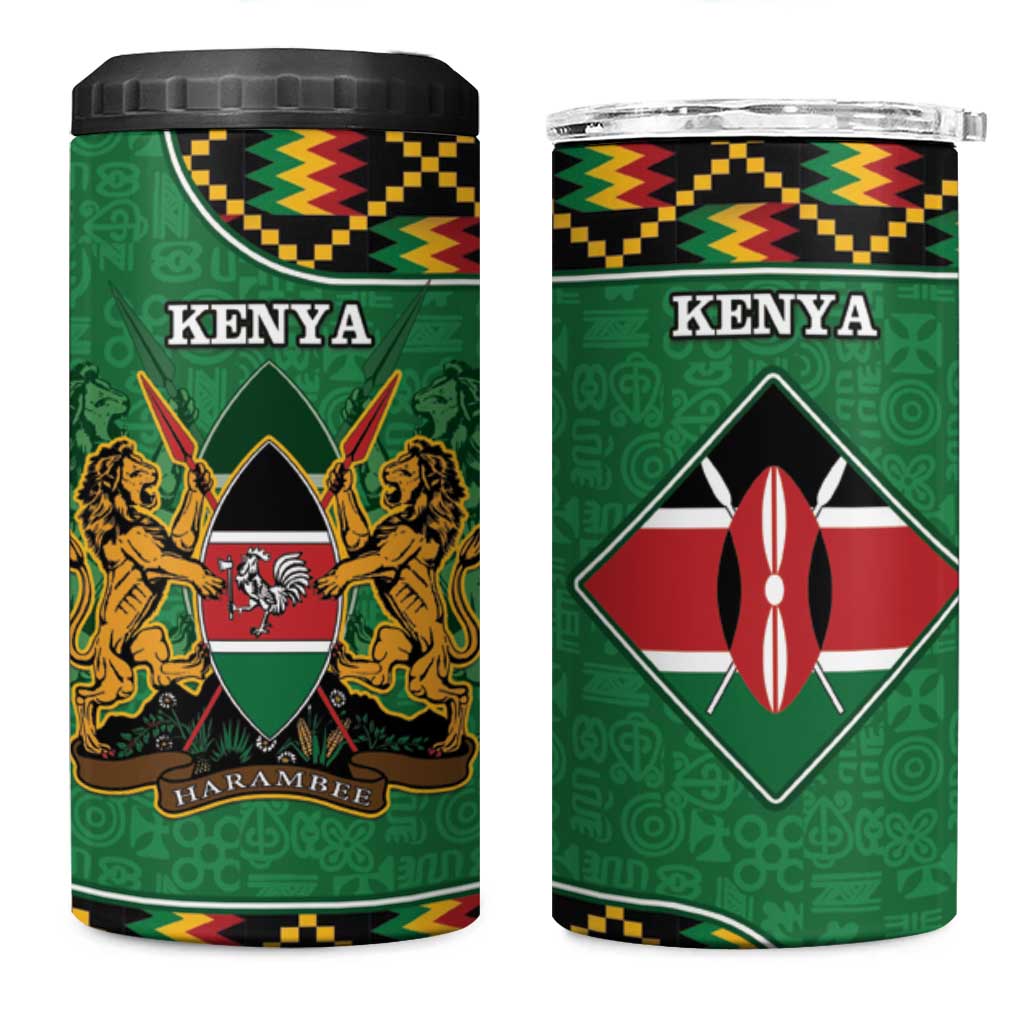 Kenya 4 in 1 Can Cooler Tumbler Coat Of Arms Kente Pattern - Wonder Print Shop