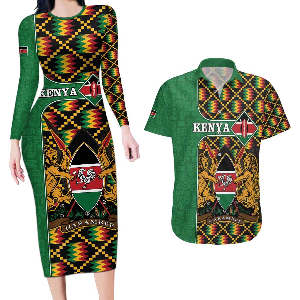 Kenya Couples Matching Long Sleeve Bodycon Dress and Hawaiian Shirt Coat Of Arms Kente Pattern - Wonder Print Shop