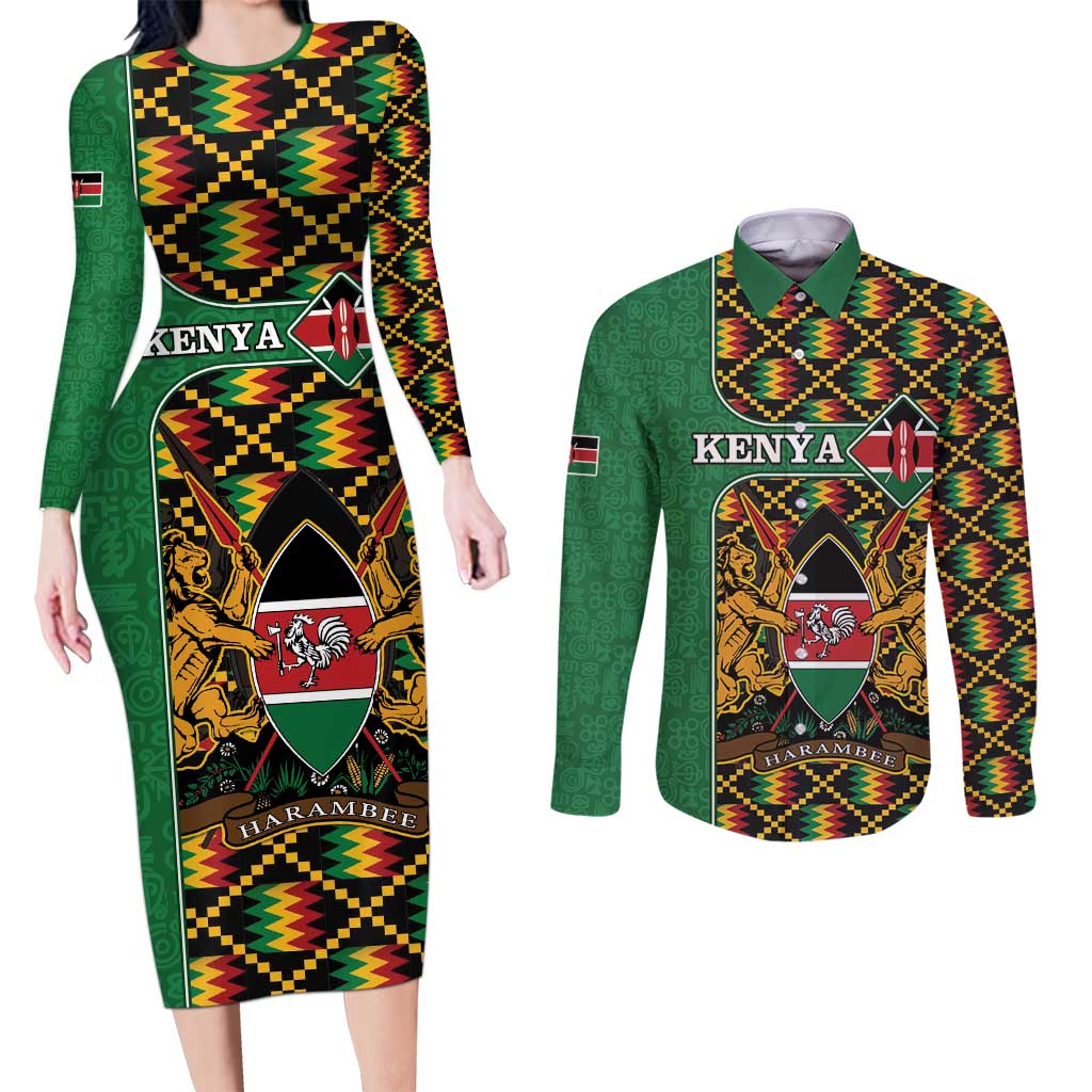 Kenya Couples Matching Long Sleeve Bodycon Dress and Long Sleeve Button Shirt Coat Of Arms Kente Pattern - Wonder Print Shop