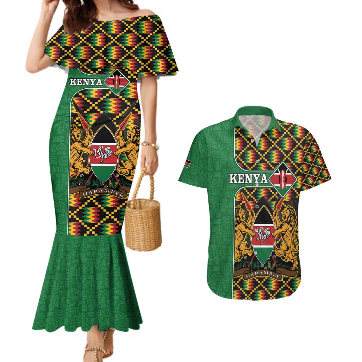 Kenya Couples Matching Mermaid Dress and Hawaiian Shirt Coat Of Arms Kente Pattern - Wonder Print Shop