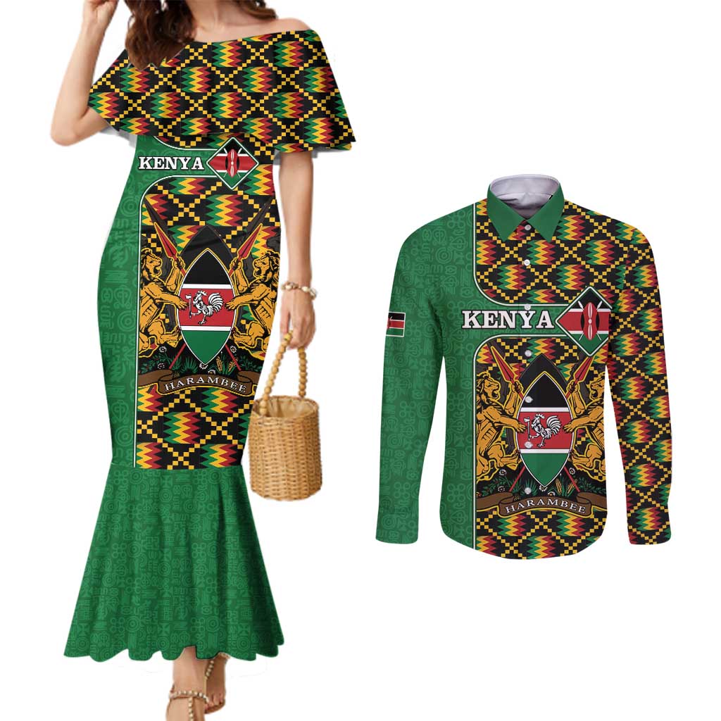 Kenya Couples Matching Mermaid Dress and Long Sleeve Button Shirt Coat Of Arms Kente Pattern LT15