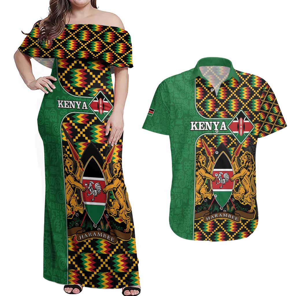 Kenya Couples Matching Off Shoulder Maxi Dress and Hawaiian Shirt Coat Of Arms Kente Pattern - Wonder Print Shop