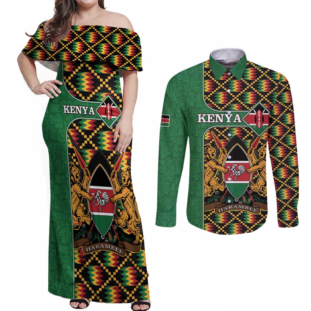 Kenya Couples Matching Off Shoulder Maxi Dress and Long Sleeve Button Shirt Coat Of Arms Kente Pattern - Wonder Print Shop