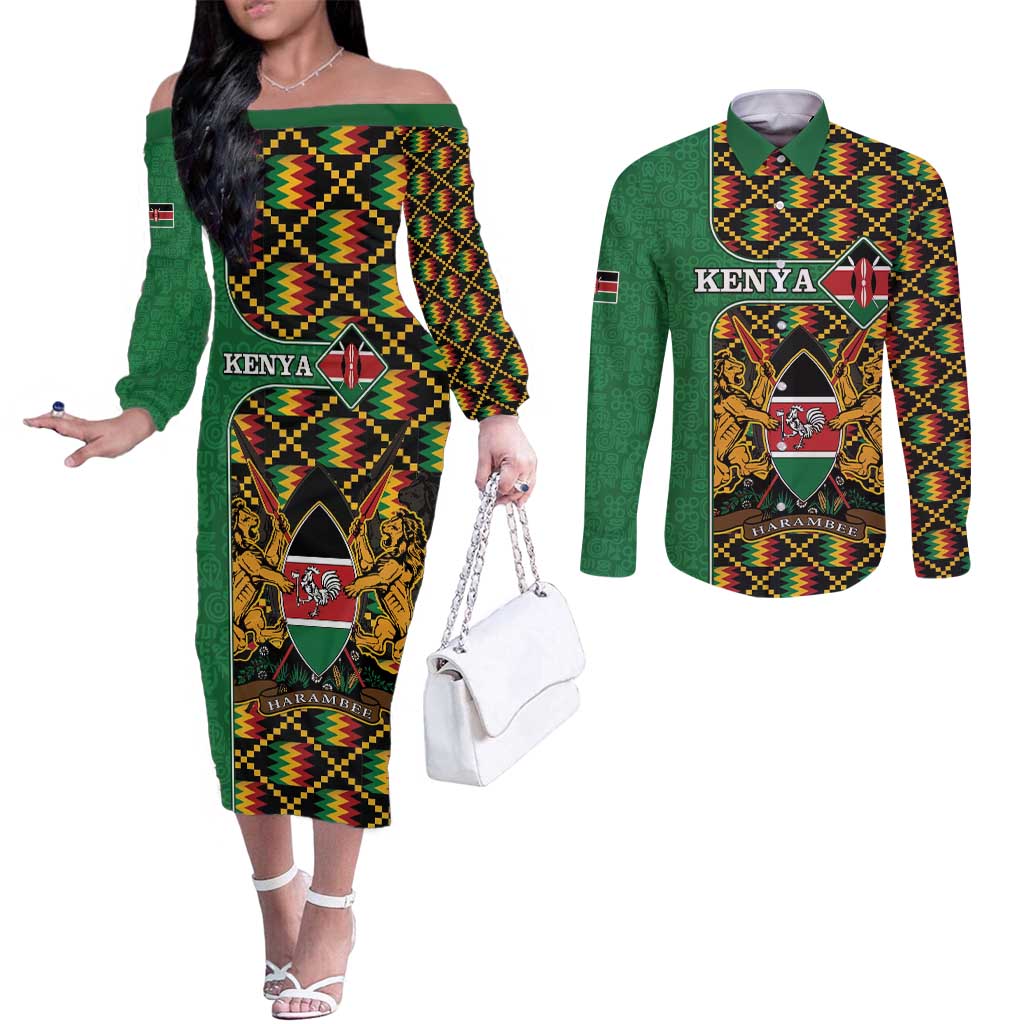 Kenya Couples Matching Off The Shoulder Long Sleeve Dress and Long Sleeve Button Shirt Coat Of Arms Kente Pattern LT15