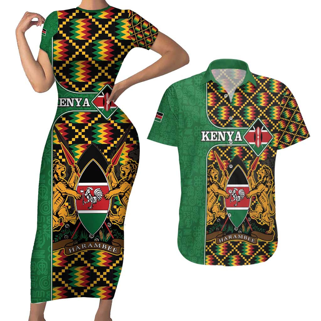 Kenya Couples Matching Short Sleeve Bodycon Dress and Hawaiian Shirt Coat Of Arms Kente Pattern - Wonder Print Shop