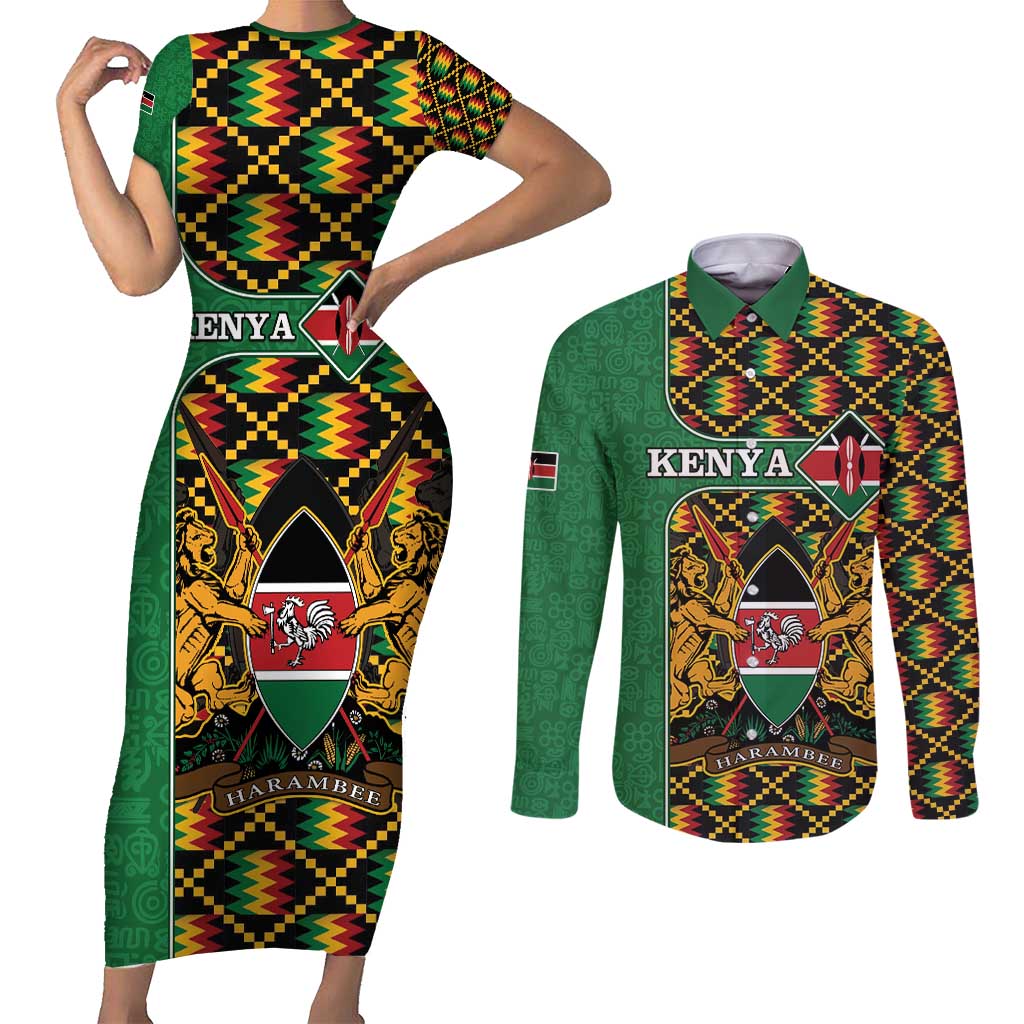 Kenya Couples Matching Short Sleeve Bodycon Dress and Long Sleeve Button Shirt Coat Of Arms Kente Pattern - Wonder Print Shop