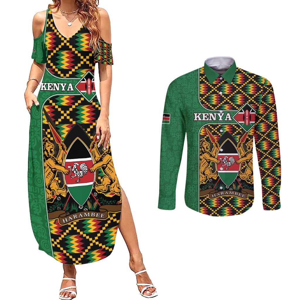 Kenya Couples Matching Summer Maxi Dress and Long Sleeve Button Shirt Coat Of Arms Kente Pattern - Wonder Print Shop