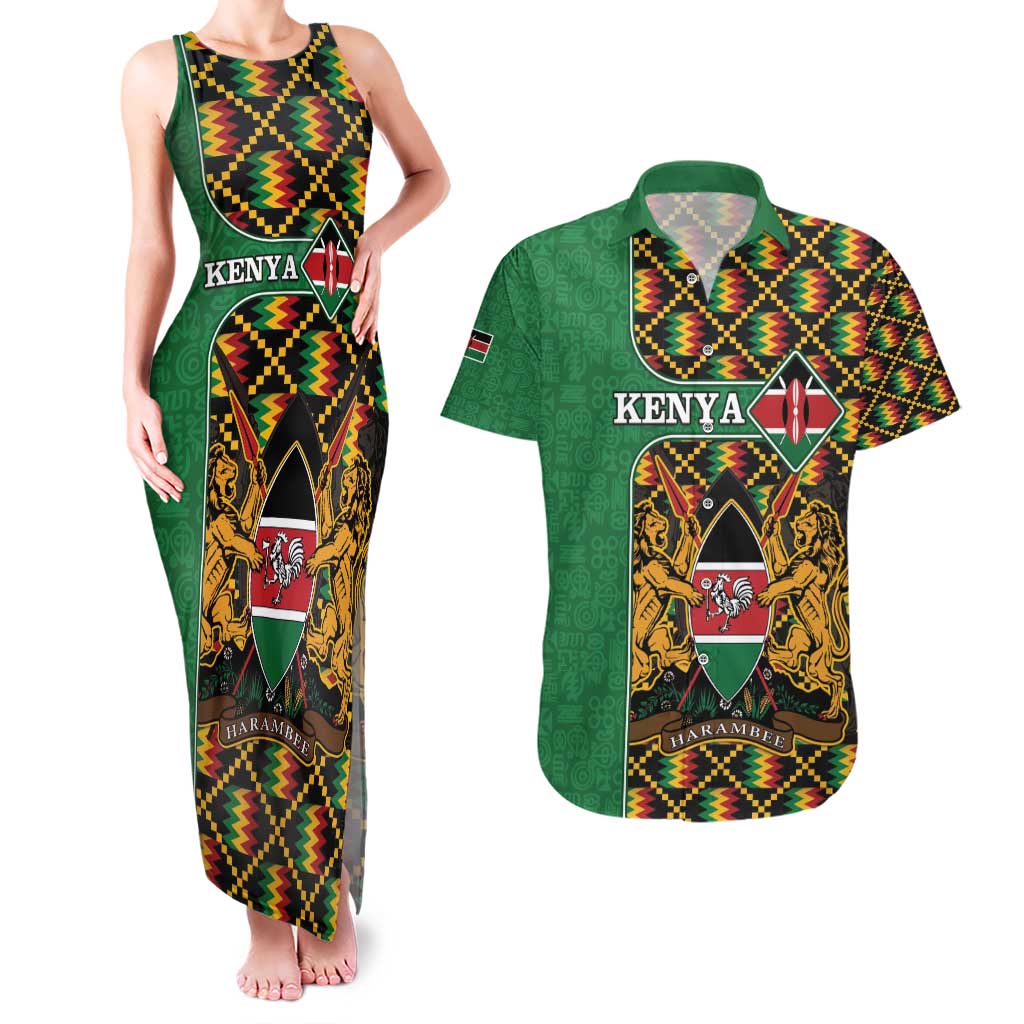 Kenya Couples Matching Tank Maxi Dress and Hawaiian Shirt Coat Of Arms Kente Pattern - Wonder Print Shop