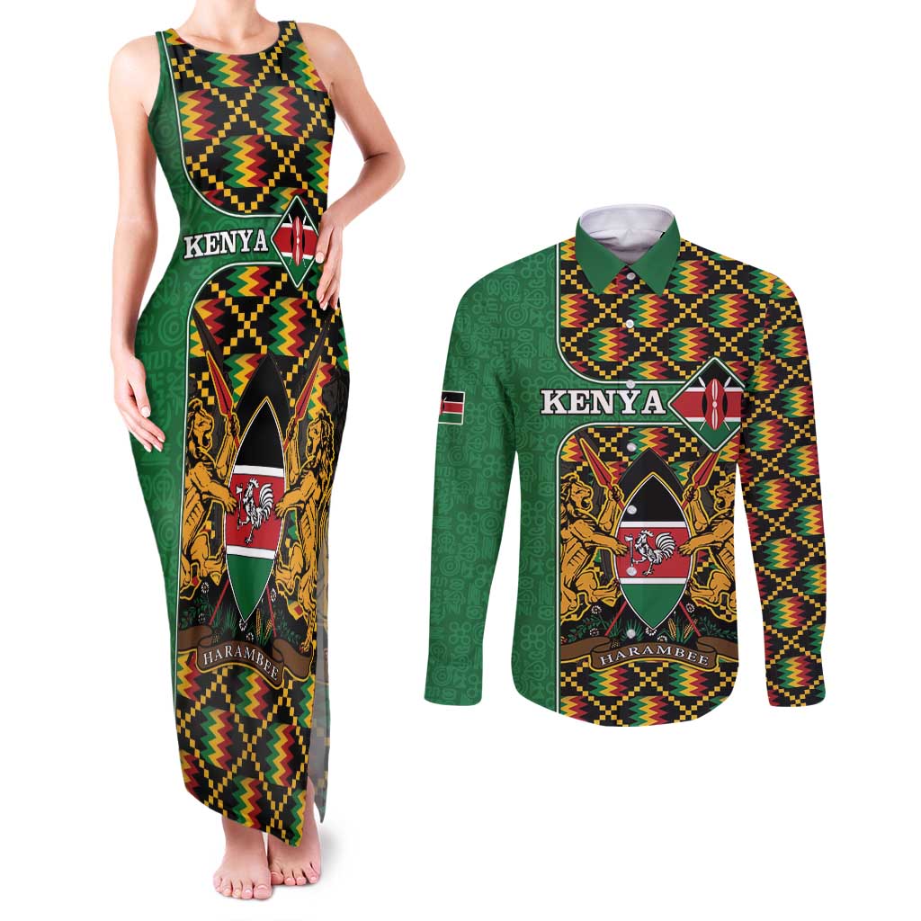 Kenya Couples Matching Tank Maxi Dress and Long Sleeve Button Shirt Coat Of Arms Kente Pattern - Wonder Print Shop