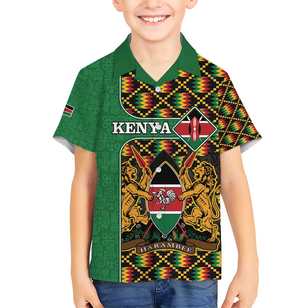 Kenya Kid Hawaiian Shirt Coat Of Arms Kente Pattern - Wonder Print Shop