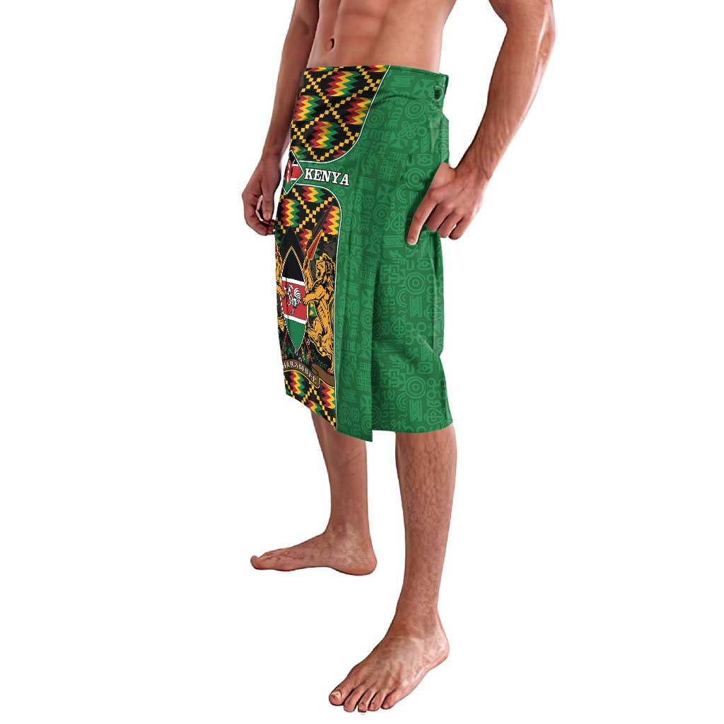 Green wrap skirt with colorful kente border panel and Kenya crest, side view