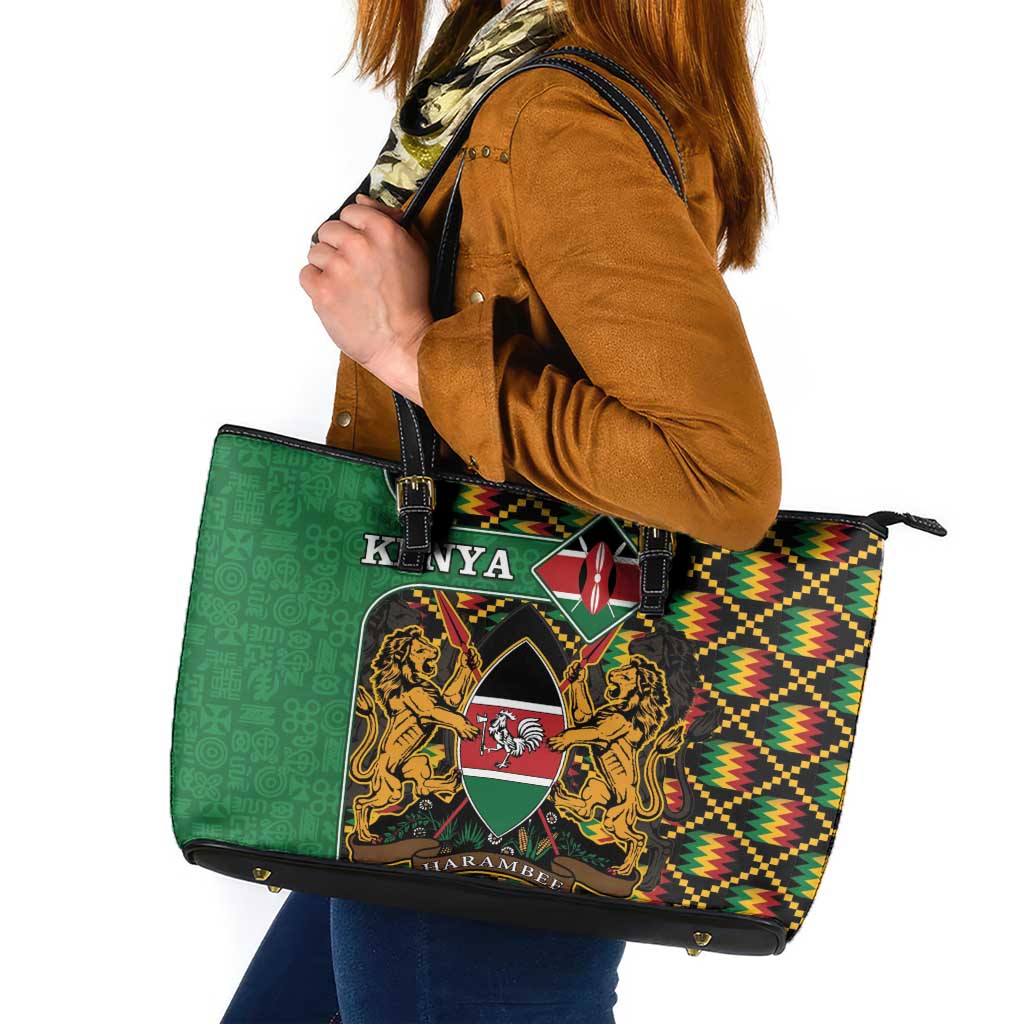 Kenya Leather Tote Bag Coat Of Arms Kente Pattern - Wonder Print Shop