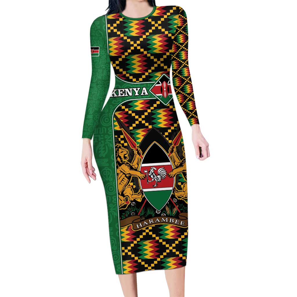 Kenya Long Sleeve Bodycon Dress Coat Of Arms Kente Pattern - Wonder Print Shop