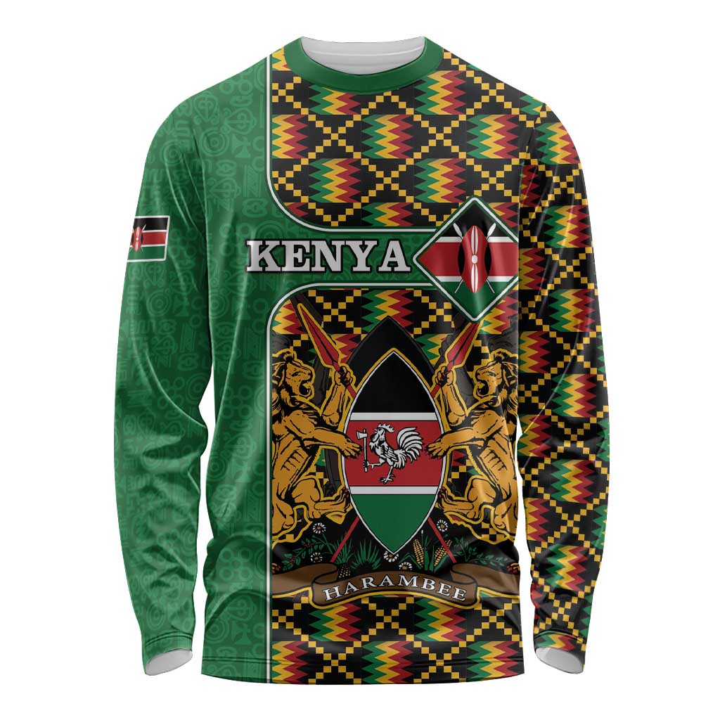 Kenya Long Sleeve Shirt Coat Of Arms Kente Pattern - Wonder Print Shop